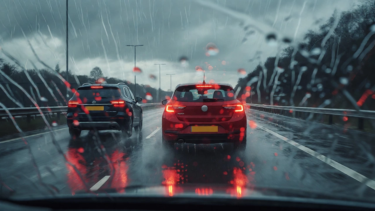 Car maintaining wide 4-second gap in heavy rain