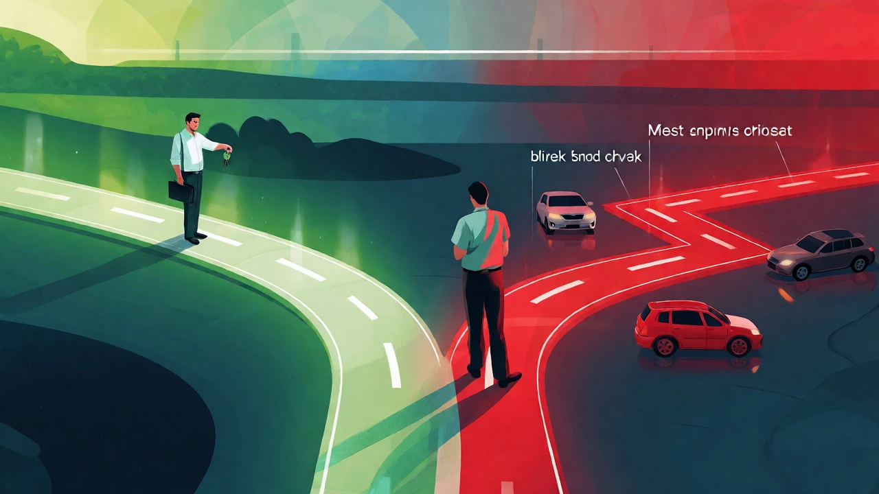 Conceptual split showing pass versus fail driving test outcomes