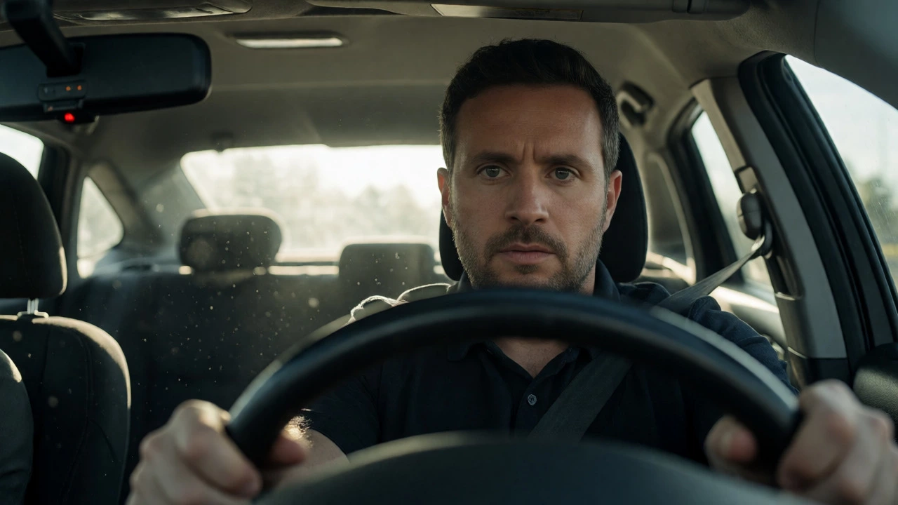 Driver focused intently on the road with radio off during a quiet test drive