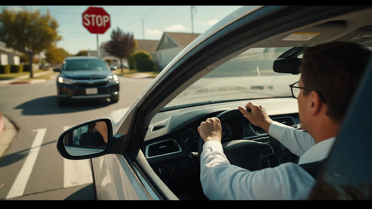 Examiner intervening in car as learner rolls through stop sign