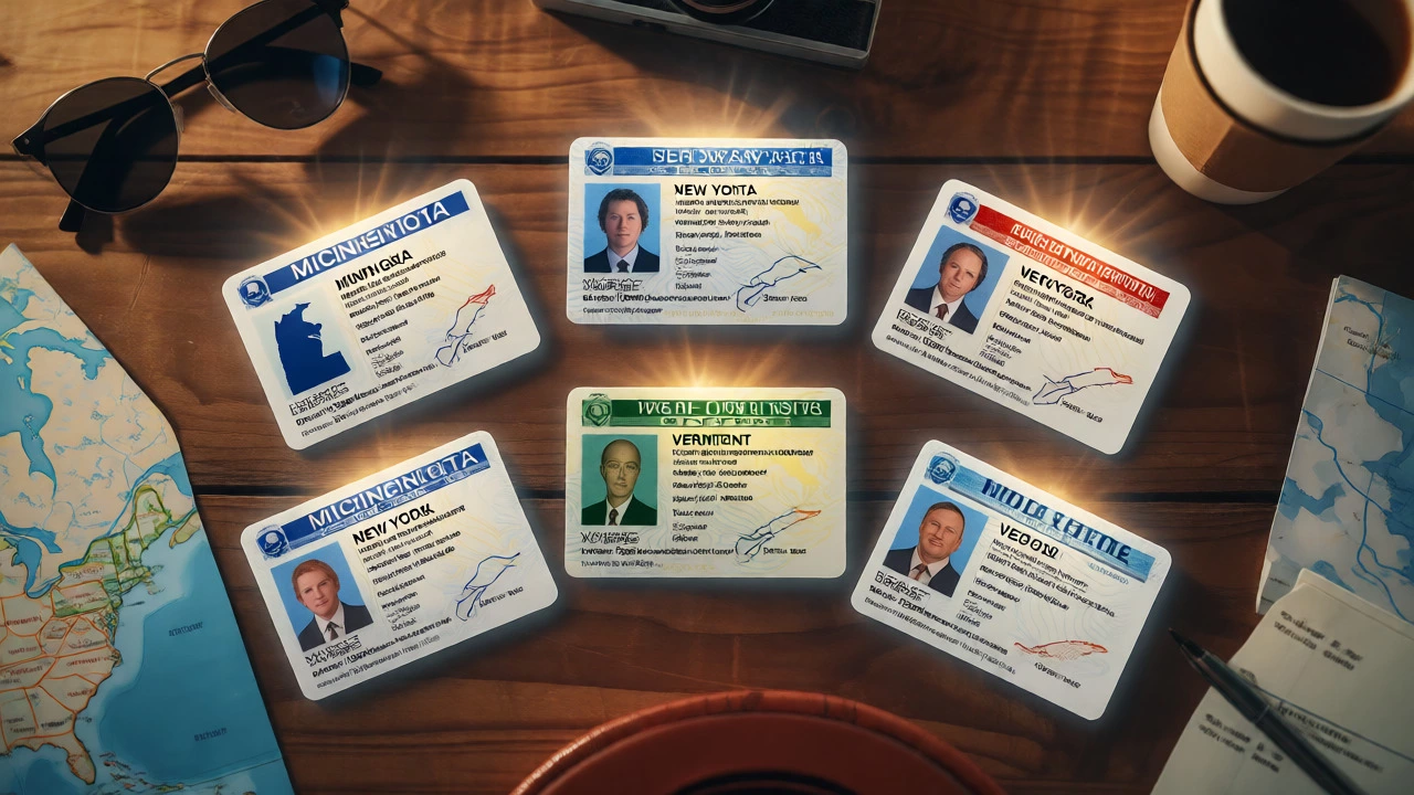 Flat lay of five state driver's licenses representing the only states issuing EDLs