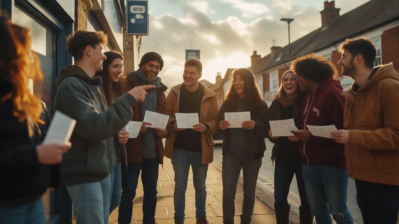 Happy young adults celebrating passing their UK driving theory test outside a center.