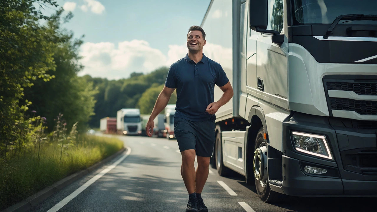 Healthy HGV driver stretching outside his truck in daylight