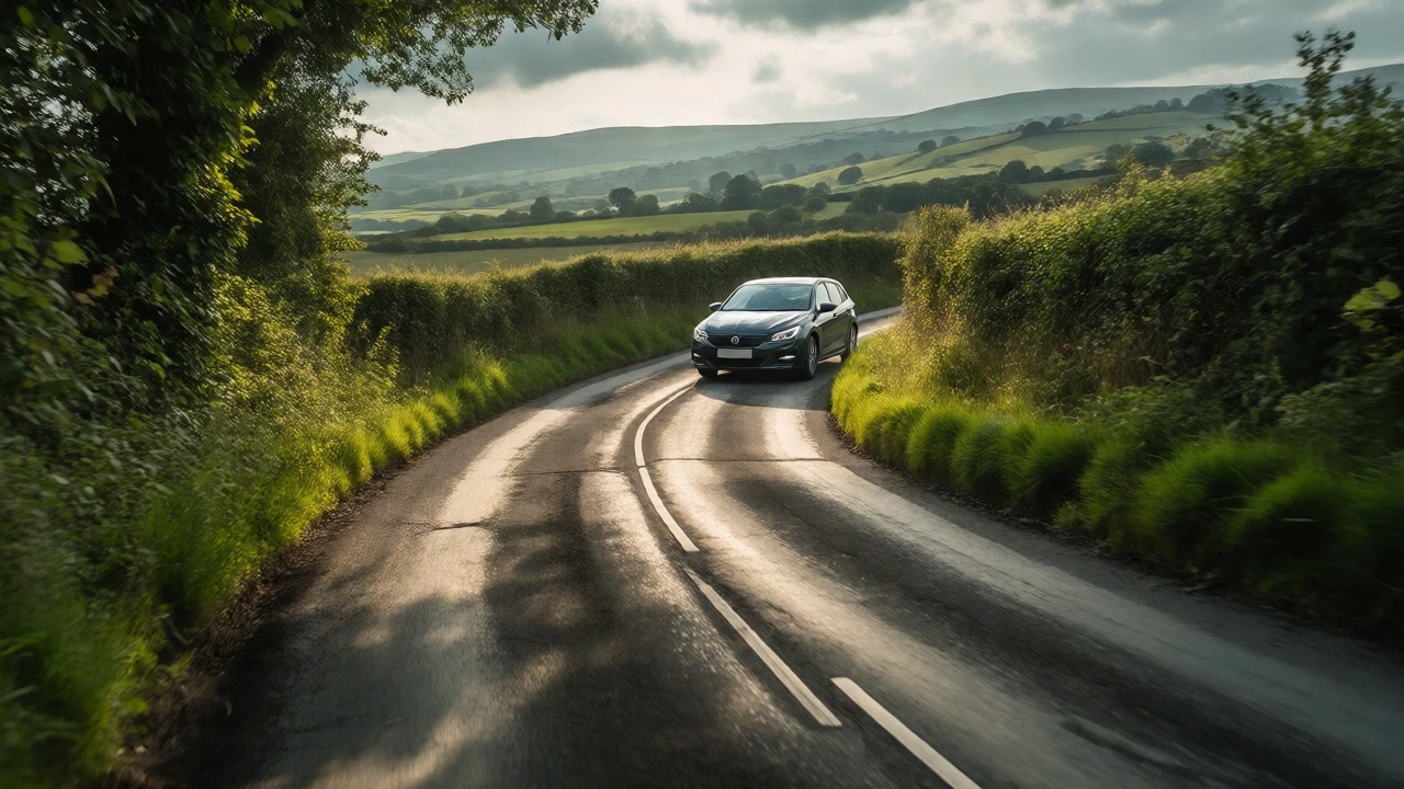 Learner car turning on a narrow rural country lane