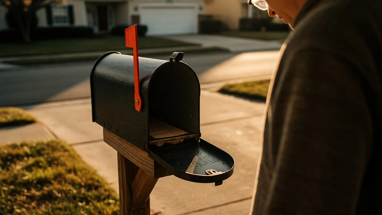 Person checking an empty residential mailbox while waiting for mail