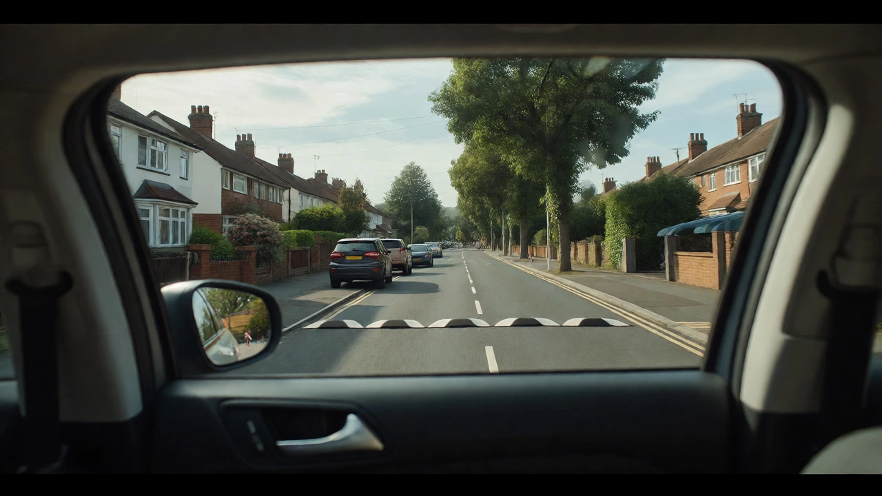Quiet residential street with speed bumps and houses