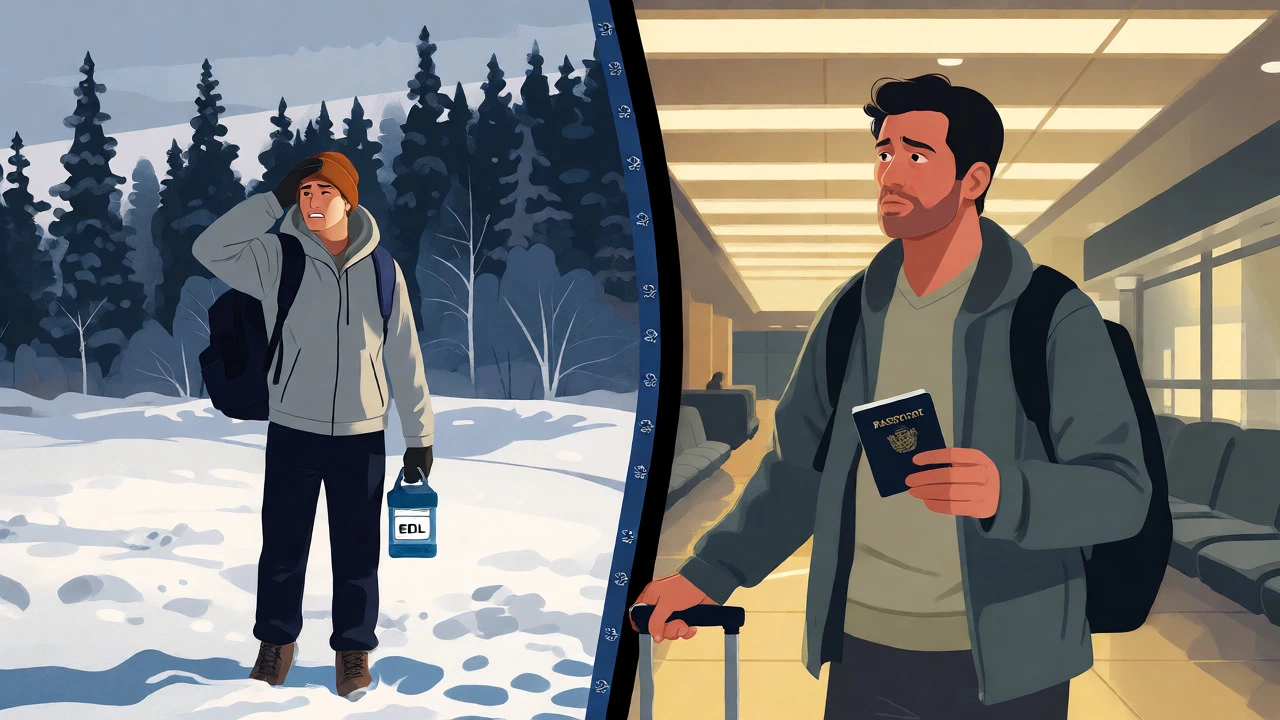 Split image contrasting a border crosser with an EDL and an air traveler needing a passport