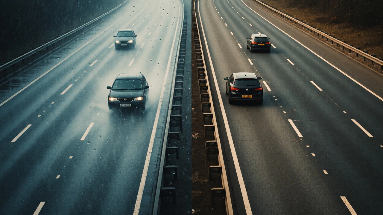 Split view comparing middle-lane hogging in rain versus proper lane discipline.