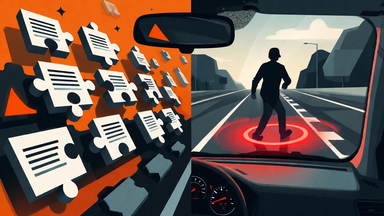 Split view illustrating multiple-choice precision and hazard perception timing challenges.