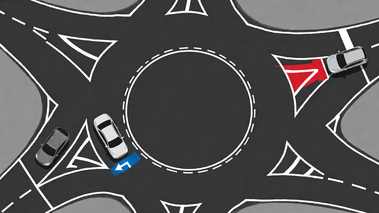Top-down view of cars navigating a UK roundabout with correct signaling.