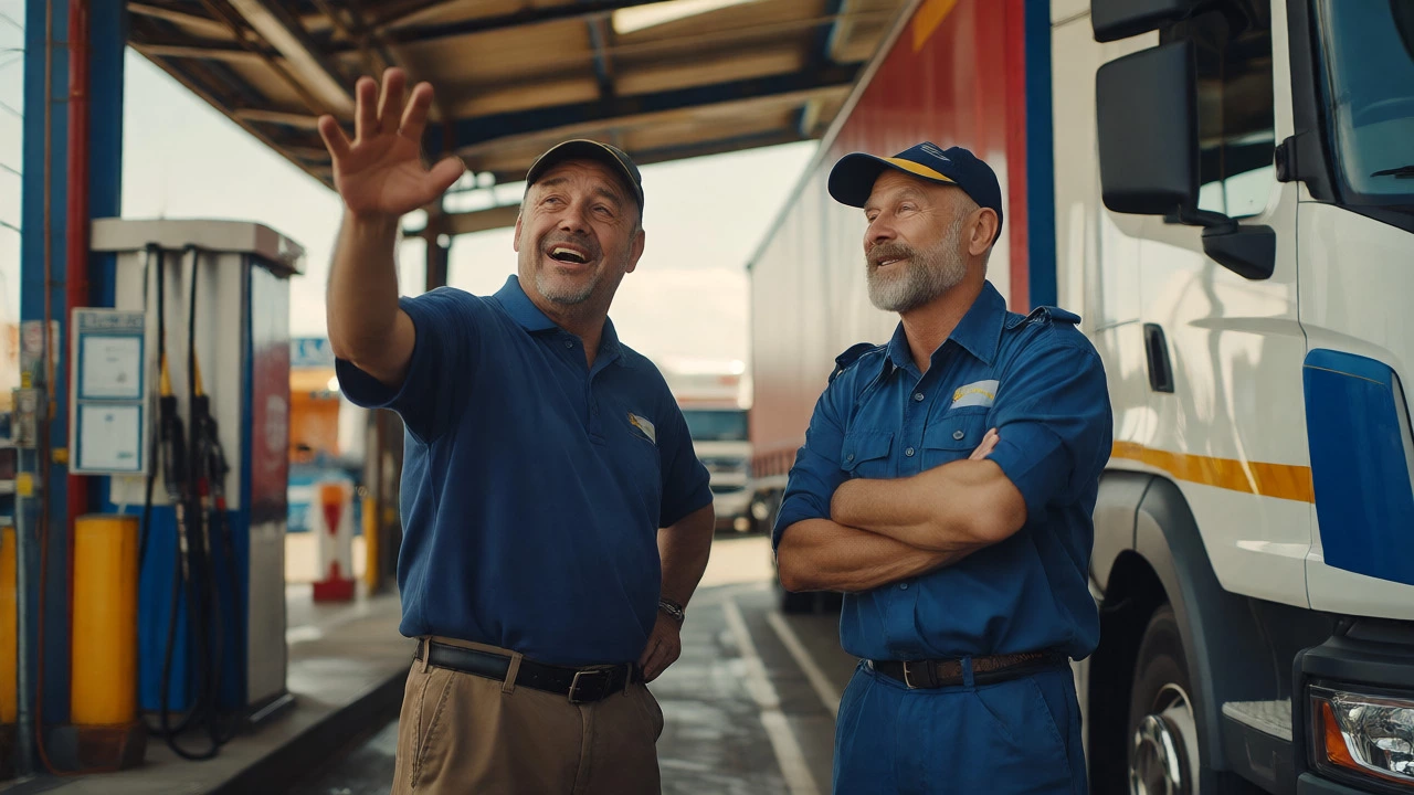 Two HGV drivers discussing tips beside their trucks